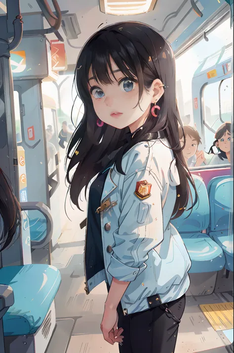 ((Pre-teen)), beautiful girl, freckles on her face, light blue eyes, big earrings, white t-shirt, jacket, black Leggings, full body, shot from below, very light skin, very long hair, wavy hair, red hair , busy subway car, photorealistic, Indirect lighting,...