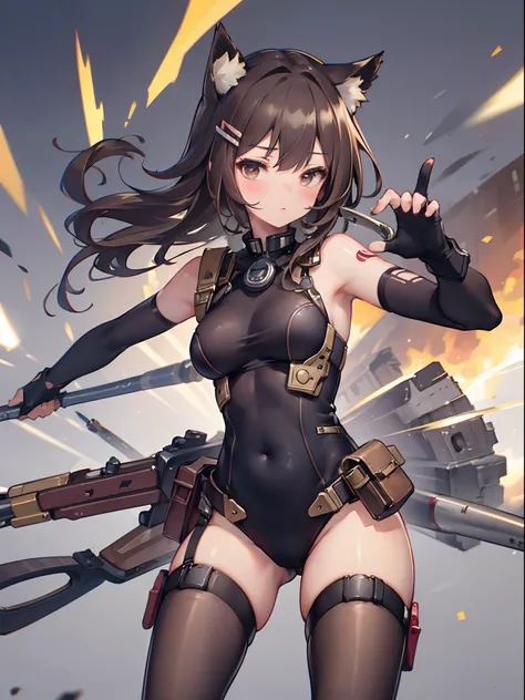 Best quality, masterpiece, super high resolution, single, 1 girl, depth of field, military, stockings, cat ears, brown hair, combat stance, abstract background, distant explosions