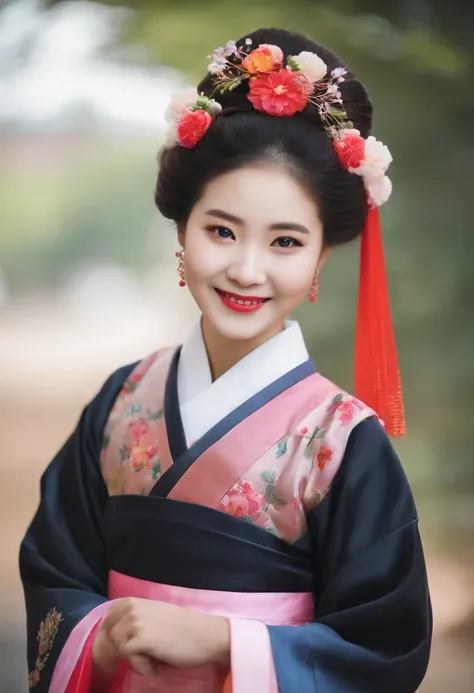 Beautiful girl wearing hanbok looking straight ahead and smiling brightly