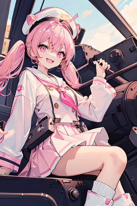 anime girl, pink hair, twin tails, pink eyes, skin fangs, smiling, excited, general coat, captain hat, sailor hat, riding a tank,pink and white coat, white boots, white skirt, sky, sunny, tank turret, tiger tank,