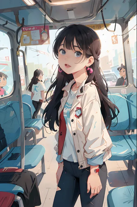 ((Pre-teen)), beautiful girl, freckles on her face, light blue eyes, big earrings, white t-shirt, jacket, black Leggings, full body, shot from below, very light skin, very long hair, wavy hair, red hair , busy subway car, photorealistic, Indirect lighting,...