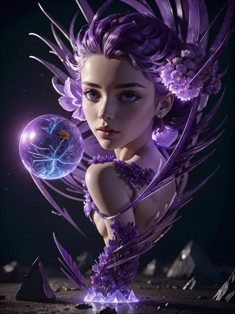 Incredible and spectacular scenes, ((high quality)), ((detailed)), ((fantasy)), "purple plasma brain, purple plasma body, realistic, best quality, 4K, flowers trapped in blisters at the top realistic, (handsome caucasian beautiful girl), full body, 20yo, i...