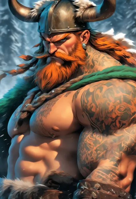 Viking bodybuilding, Covered in ,  with tattoos, Leather boots, Leather gloves, leather panties, Frozen Mountains, axe, nipple piercing, Suspenders, bluefire,  ring, big beard, enormous thigh, body builder,  , A 3-meter-tall, exposed , Red hair, BDSM, NSFW...