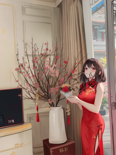 araffe woman in a red dress holding a vase with flowers, wearing a red cheongsam, ao dai, chinese style, traditional chinese, mai anh tran, by Ruth Jên, inspired by Cui Bai, with flowers, Middle metaverse, 🤬 🤮 💕 🎀, 🕹️ 😎 🚬