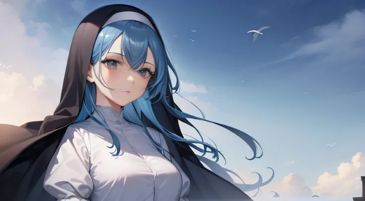 1girl, proper clothing, standard plain nun outfit, elegant, lady, mature, tall woman, (Topaz blue hair: 1.2), ruins, sky, detailed face, cute face, detailed hair, majestic, mirage, lighting, covert, sharp