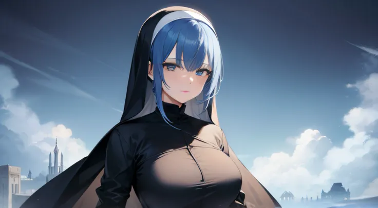 1girl, proper clothing, standard plain nun outfit, elegant, lady, mature, tall woman, (Topaz blue hair: 1.2), ruins, sky, detailed face, cute face, detailed hair, majestic, mirage, lighting, covert, sharp