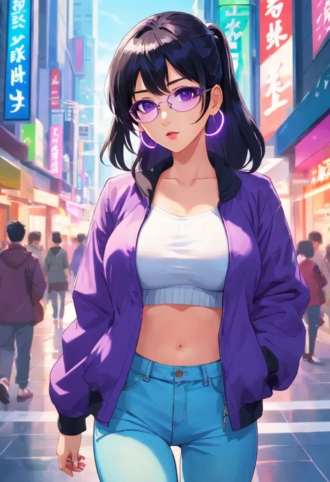 hot Beautiful Korean girl with big boobs and black hair and high ponytail and bangs and blue eyes and juicy lips and purple jacket and light blue jeans pants and and white top and white bag and white shoes and purple earrings and neon purple and black nail...