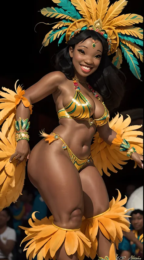 "An electrifying depiction of Naniwaifu:1, a statuesque and voluptuous Black woman, embodying the spirit of a samba dancer. She possesses a commanding and Amazonian voluptuos physique, thicc body, enormous tits, huge hips smile waist, tall, ebony, black sk...