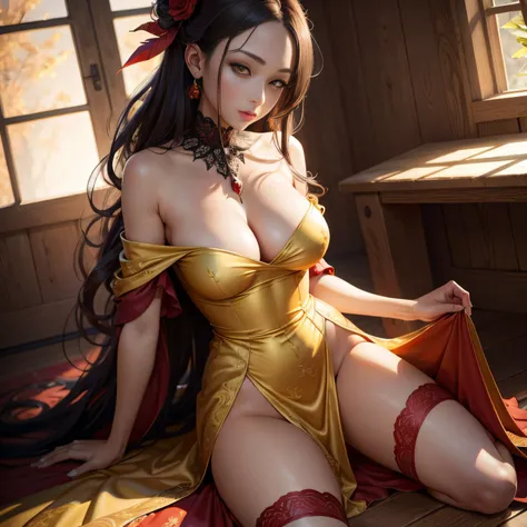 masutepiece, hight resolution, Best Quality, Highly detailed, Wallpaper, Painterly, brushstrokes, pointy ear, Yellow eyes, Slit pupils, Beautiful woman, Large breasts, Red dress --auto