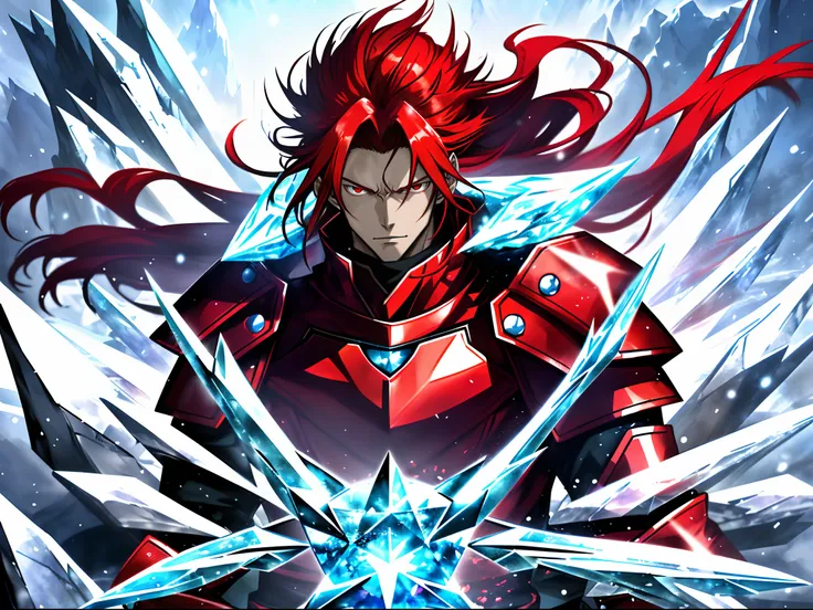 Anime characters with long red hair and red eyes in snowy landscapes, Ice Mage,Tall anime guy with red eyes, freezing blue skin, Key anime art, male anime character, Ice crystal armor, Detailed key anime art, full portrait of magical knight, Red coat, with...