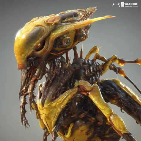 "(best quality,4k,8k,highres,masterpiece:1.2),ultra-detailed,(realistic,photorealistic,photo-realistic:1.37),close-up shot,alien creature,gotcha,yellow,fierce,extraterrestrial insect,mechanical space bug,insectoid,Chitinous,giant sharp fangs,Swarm-like,bio...