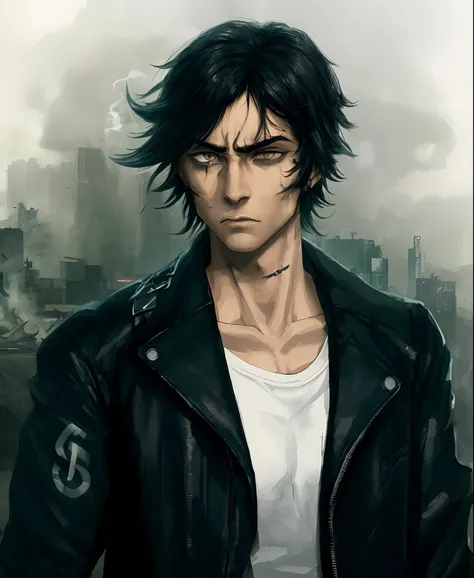 black hair, dark eyes, serious face, detective, black jacket, white t-shirt, smoke, cyberpunk city, hd, highres