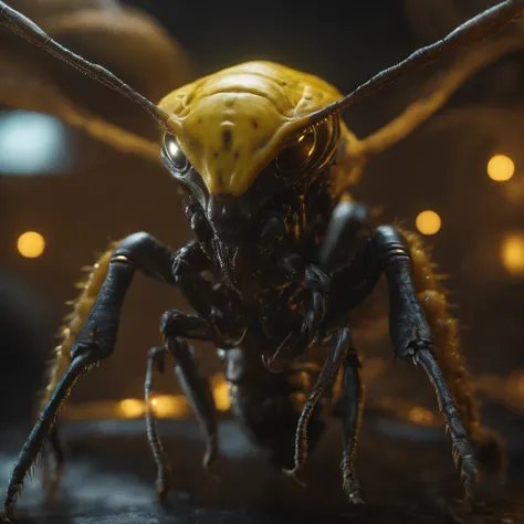 "(best quality,4k,8k,highres,masterpiece:1.2),ultra-detailed,(realistic,photorealistic,photo-realistic:1.37),close-up shot,alien creature,gotcha,yellow,fierce,extraterrestrial insect,mechanical space bug,insectoid,Chitinous,giant sharp fangs,Swarm-like,bio...