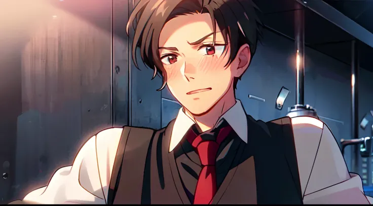 masterpiece, 1Man, luci(obeyme), red eyes, black hair, scenery, morning, luci(everyday), black shirt, (red vest), red necktie, blush