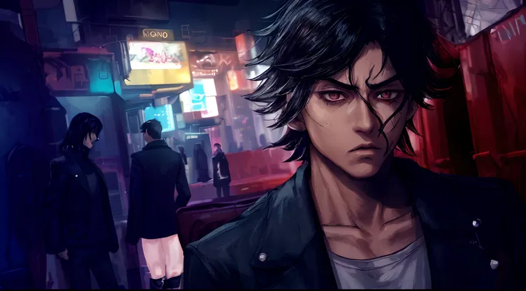 young male, black hair, dark eyes, serious face, detective, black jacket, white t-shirt, smoke, cyberpunk city, hd, highres