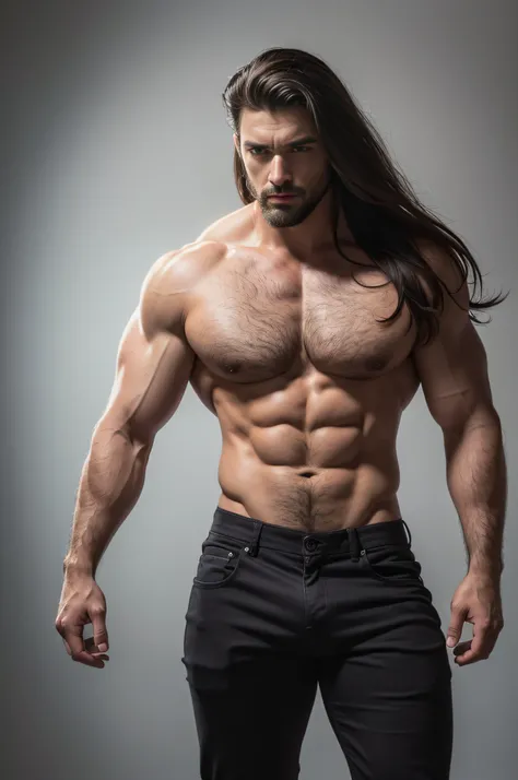 a handsome, 8k full body photo portrait of a man, badness, disheveled long hair, musculature, Detailed muscular physique, a picture, (​masterpiece, top-quality, top-quality, Official art), Photorealistic depiction,