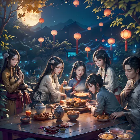 ((Ancient Chinese landscapes，in a panoramic view，Faraway view))，Mid-Autumn Festival，moon full，Glowing moon，A garden overgrown with osmanthus and bamboo forests，1 family sitting together，The kids had a great time，There was wine on the table in front of him、...