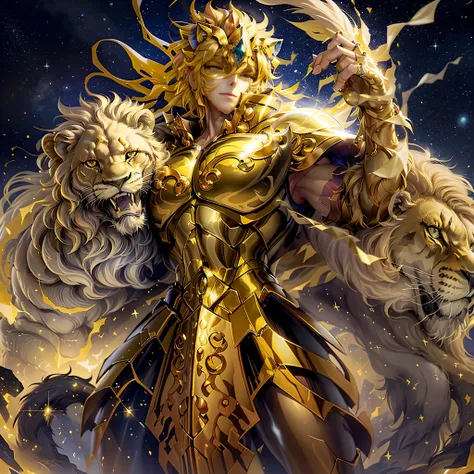 （tmasterpiece，hoang lap，high qulity，best qualtiy，Hyper-detailing，big breasts beautiful）,Magical golden Leo: Magical golden Leo
Yellow-haired people: A man with bright yellow hair, Exudes a captivating aura.
Lion companion: Stand next to people, The majesti...