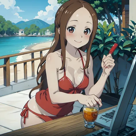 Solo, seductive smile, blush, masterpiece, best quality, red bikini, takagi-san, shiny skin