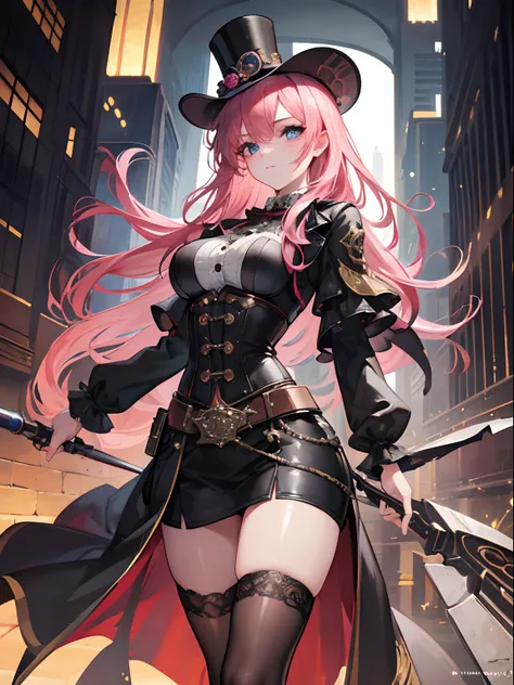 ((Masterpiece, Highest quality)), Detailed face, Beautiful face, Beautiful eyes， full bodyesbian, Full of details, working on workshop, mamking a weapon, Highly detailed, Depth, Many parts，Beautiful girl with pink hair，with hair dishevelled，long pink hair，...