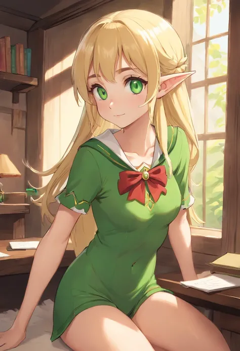 (Elf girl), (16 years old), (blonde hair), green eyes), (shy look), (Looking at viewer), (Black underwear), (medium breasts), (sexy pose), (Teacher of Art), (well detailed), (Digital Art), (8k),