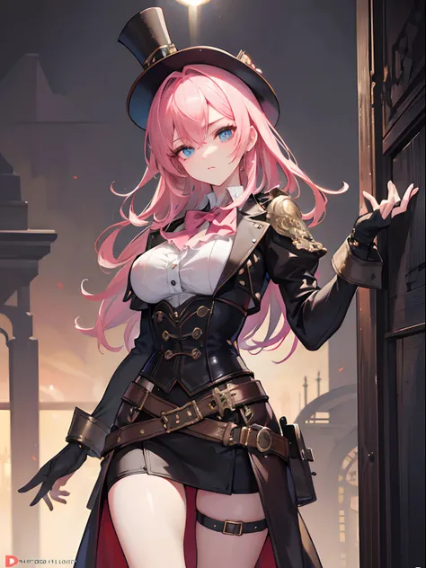 ((Masterpiece, Highest quality)), Detailed face, Beautiful face, Beautiful eyes， full bodyesbian, Full of details, working on workshop, mamking a weapon, Highly detailed, Depth, Many parts，Beautiful girl with pink hair，with hair dishevelled，long pink hair，...