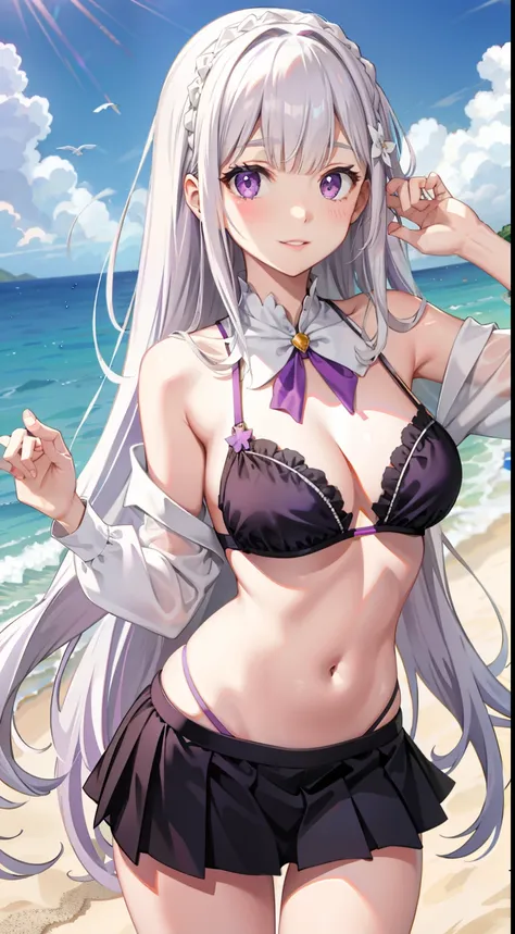 slim legs, cleavage, short skirt, navel, purple eyes, emilia, stand, White hair, long hair, side tie bikini, beach, happy