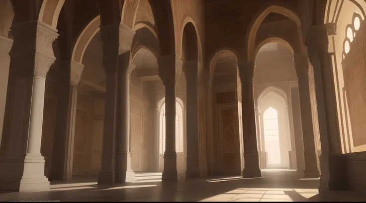 interior view of a mansion in 16th century Arabia, either Basra or Ormuz, very luxurious, building structure like a harem or mosque, building structure with elements of a turkish harem or mosque, orientalism, inside a mansion, interior, rich, grand, stairs...