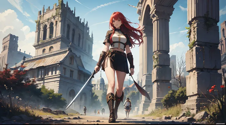 Fantasy-style world。Old ruins can be seen in the distance。Amazones women。（（One woman））、Brown skin with red hair、Wild beauty with outstanding style。A female warrior about 165 cm tall and dressed in revealing leather equipment、Short skirt、Skirt with slits、Le...