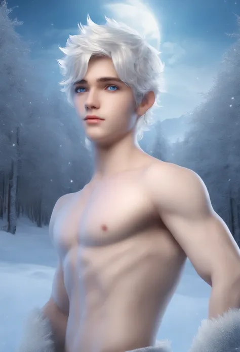 (8K, RAW photo, Highest quality) (((full-body shot:1.3))), (((blue eyes:1.5))), 18 years old, white pale skin, silver messy hair, silver medium hair, silver hair, (((jack frost:1.44))), ice magic, frost magic, magic cold, low angle shot, Realistic, (((full...