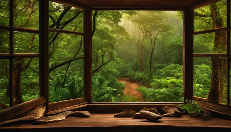 create image of a wooden and glass window and outside the window has a tree with slightly burnt branches and in the background a Brazilian rainforest.