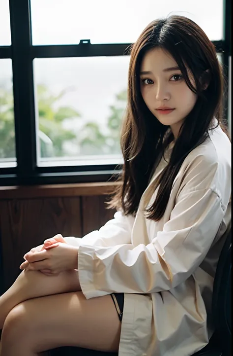 smil, Sitting in a chair in front of a desk, Medium Hair, Black hair,Fine skin,Kind face, japanaese girl,Large windows with white curtains,Forest outside the window, Nature lighting, Detailed face:1.2,,foco nítido, Full body shot,Hasselblad photo, masutepi...