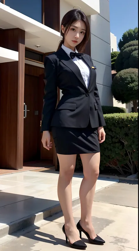 mix4, 20 days, Solo, suit,Arms drooping，Arms behind your back，Stand with your hands down，school_uniform, school_suit, street, standing, Curvy, High_Heels, look_at_peeping at the viewer, full_Body, (8K, RAW photo, Best quality, Masterpiece:1.2), (Realistic,...