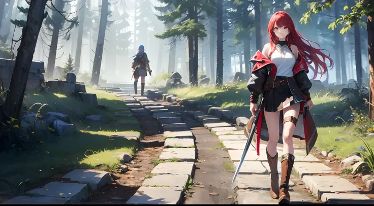 Fantasy-style world。Old ruins can be seen in the distance。blademaster women。（（One woman））、pale skin with red hair、Wild beauty with outstanding style。A female warrior about 165 cm tall and dressed in revealing leather equipment、Short skirt、Skirt with slits、...