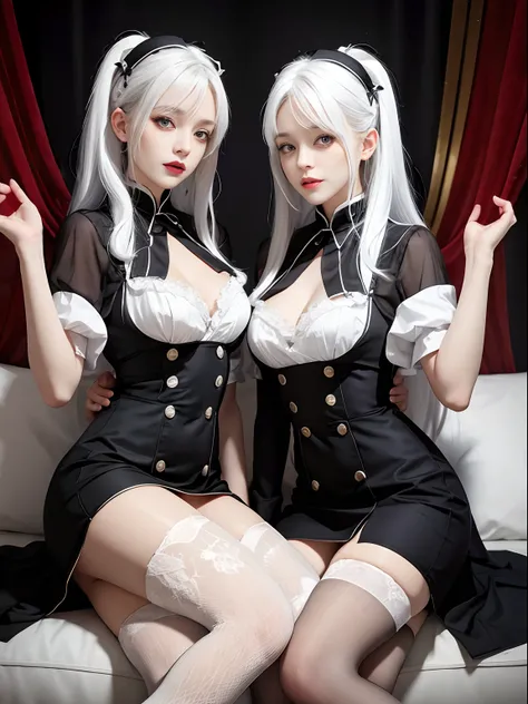 ,twins,white hair,stockings,mature female,