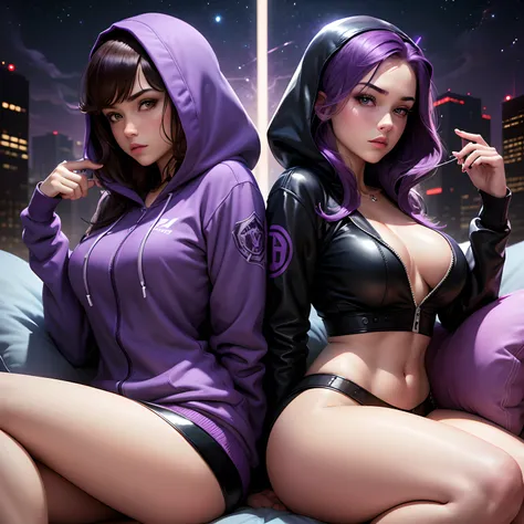 graphic novel style, houston texas, night time, sitting, pillow, purple smoke, two beautiful crime fighting models, back to back, wearing upzipped open hoodies, short skirts, about to have a sexual encounter, perfect, no adult content, suitable for all age...