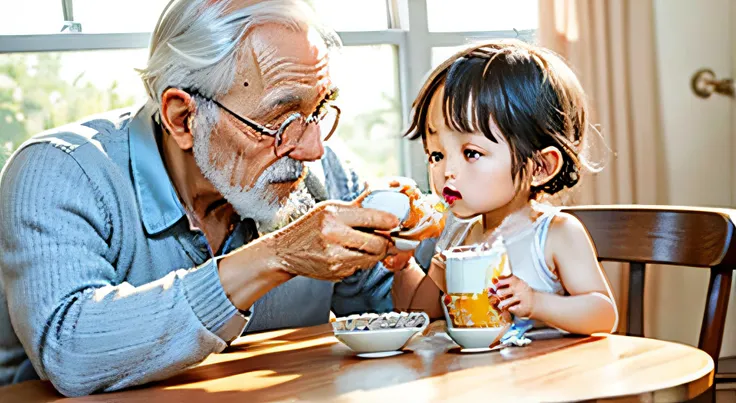 In the morning, the sun is fresh An old man and a small child are eating breakfast，White dining table with milk, eggs modern decoration