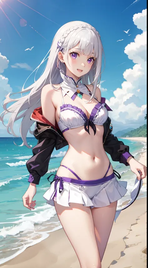 slim legs, cleavage, short skirt, navel, purple eyes, emilia, stand, White hair, long hair, white side tie bikini, beach, happy