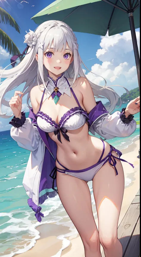 slim legs, cleavage, short skirt, navel, purple eyes, emilia, stand, White hair, long hair, white side tie bikini, beach, happy