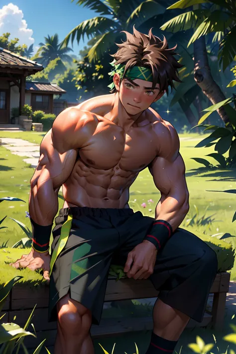 (Masterpiece, Best quality 12 year old boy，Shota), 1boys, Young,Muscular, Short hair, with brown eye, Intricate, Grass, full bodyesbian, Shirtless, Muscles sparkle in the sun,Black shorts,  green headband, Vivid colors,(Depth of field:1.2),(Abs),Blush, vie...