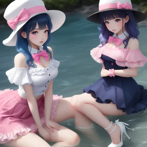 A girl with navy blue hair and pink,  white hat, heat eyes,  ruffles on the shoulders,aquablue bow tie and arm sleeves, pink top,  ruffles on the bottom of the skirt, wings on the highheels