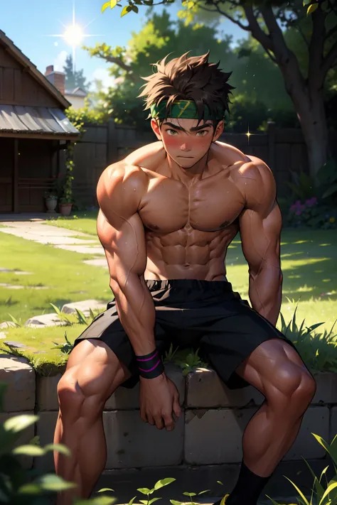 (Masterpiece, Best quality 12 year old boy，Shota), 1boys, Young,Muscular, Short hair, with brown eye, Intricate, Grass, full bodyesbian, Shirtless, Muscles sparkle in the sun,Black shorts,  green headband, Vivid colors,(Depth of field:1.2),(Abs),Blush, vie...