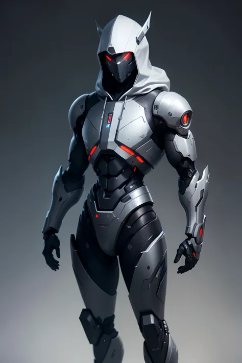 A cyborg, android, a robot, ember, Blank face, hood, Grey design, Standing in a dynamic posture, Photorealistic, ciberpunk