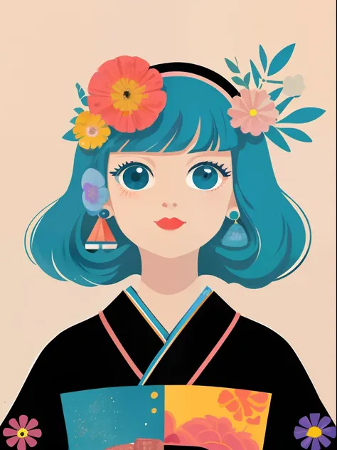 portraitures、Japanese style、８０Shojo manga style of the era、Abstract painting、harajuku fashion、Modern fashion、Big eyes、Maste Piece, Best Quality,portraitures、smile on face、Showa Retro、a poster、flower background、
paint,Illustration,retro、Vector art、Flat Pain...