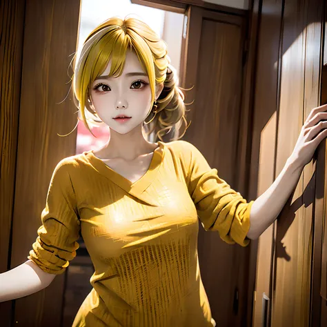 (((1girl in))), ((((solo)))), ((messy hair style)), take a photo standing up, (((reddish-yellow hair)), red eyes, soft blouse