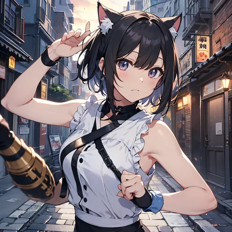 (The highest quality、8K、masutepiece)) ((( White atelier sleeveless))) (((Black short hair )))++　cat ear, Anime characters with black hair and dark eyes、anime visual of a young woman、Serious facial expressions, serious look, todays featured anime still、Offi...