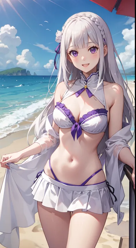 slim legs, cleavage, short skirt, navel, purple eyes, emilia, stand, White hair, long hair, white side tie bikini, beach, happy