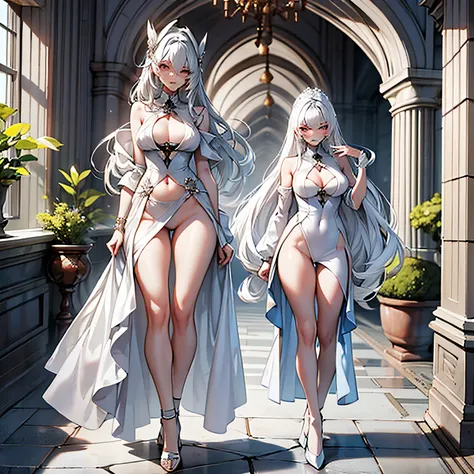 ella，The appearance is cold and elegant，White clothes and white hair，Long and thin body，Plump breasts stand tall，The bare milk flesh is white，Attractive，a pair of long, Well-proportioned legs are exposed under a slit skirt。