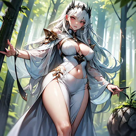 ella，The appearance is cold and elegant，White clothes and white hair，Long and thin body，Plump breasts stand tall，The bare milk flesh is white，Attractive，a pair of long, Well-proportioned legs are exposed under a slit skirt。