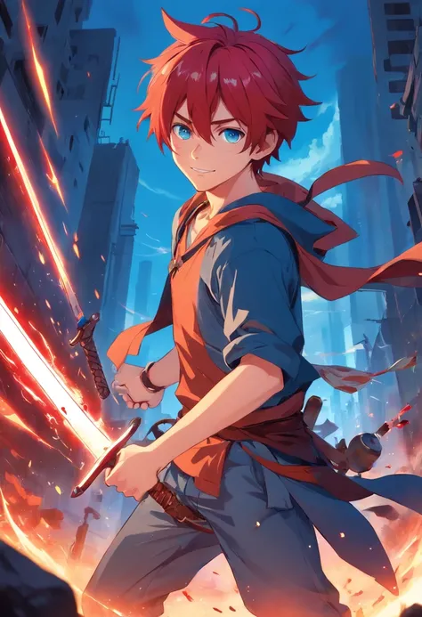 1 boy, battlefield, Red hair, blue eyes, goblin, pointy ears, bloody, smirk, fantasy, hero, sword